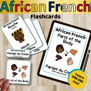 Flashcards de partes do corpo em francês africano, 40 cartões digitais de aprendizagem de línguas africanas, cartões educativos para expressão cultural africana