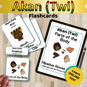 Flashcard su due parti del corpo, 40 carte digitali per l'apprendimento della lingua africana, carte educative per l'espressione culturale africana