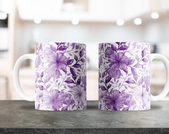 Fioletowy kwiatowy wzór kubka | Do kubków do kawy 11oz i 15oz | Pobieranie cyfrowe PNG | Sublimacja kubka do kawy | Fioletowy wzór kwiatowy