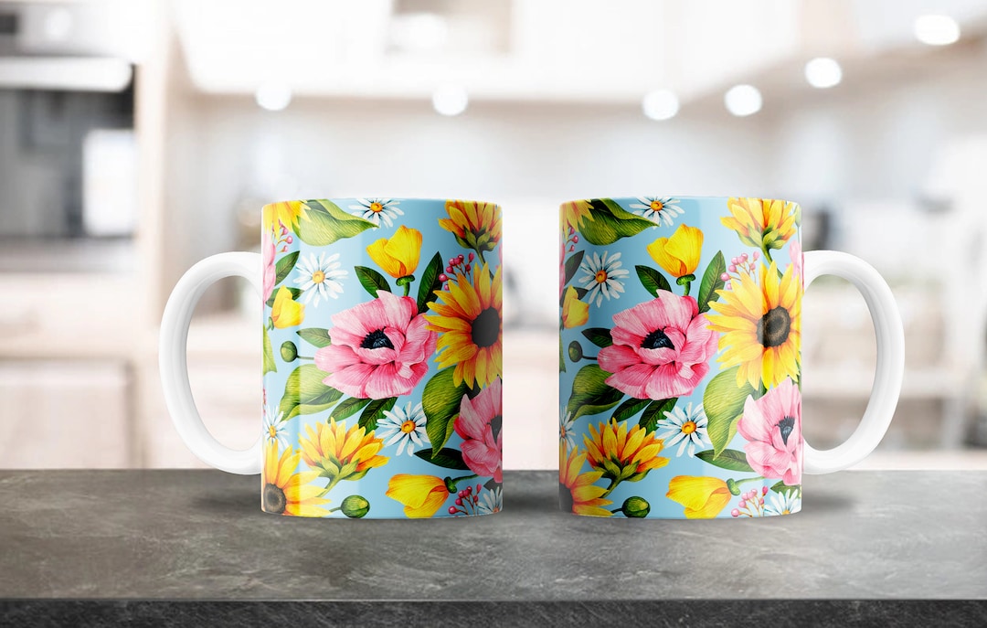 Colorful Floral Mug Design for 11oz & 15oz Coffee Mugs PNG Digital Download Coffee Mug