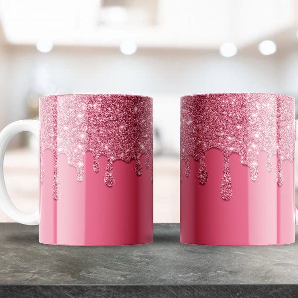 Pink Glitter Drip Mug Design | For 11oz & 15oz Coffee Mugs | PNG Digital Download | Coffee Mug Sublimation | Pink Slime Pattern