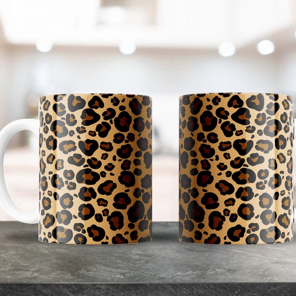 Leopard Print Mug Design |For 11oz & 15oz Coffee Mugs | PNG Digital Download | Coffee Mug Sublimation | Brown Leopard Print Mug