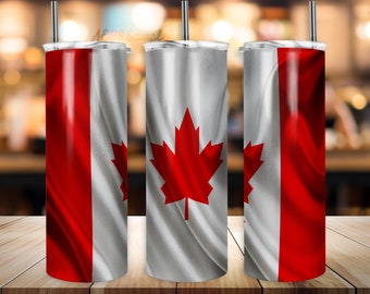 May include: Three stainless steel tumblers with a Canadian flag design. The tumblers have a red and white design with a maple leaf on the center tumbler.
