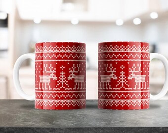Red Reindeer Christmas Mug Design |For 11oz & 15oz Coffee Mugs | PNG Digital Download | Coffee Mug Sublimation | Red Christmas Winter Mug