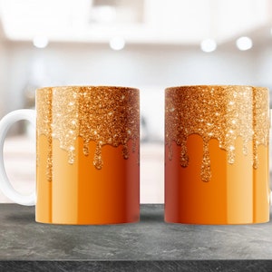 Design alaranjado da caneca de gotejamento do brilho | Para 11 onças e 15 onças canecas | Download digital PNG | Sublimação de caneca de café | Padrão de gosma laranja
