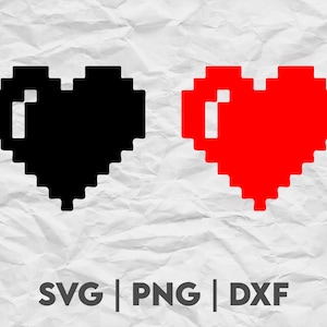 Puede incluir: Dos formas de corazón pixeladas, una negra y otra roja, sobre un fondo de papel blanco arrugado. El texto "SVG | PNG | DXF" está debajo de los corazones.