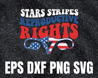 May include: A graphic design with the text "Stars Stripes Reproductive Rights" in red, white, and blue. The design features a stylized uterus with a red, white, and blue American flag pattern.
