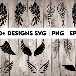 May include: A set of 10+ black angel wing designs in SVG, PNG, and EPS formats. The wings are shown on a woodgrain background.