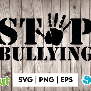 May include: Black and white graphic design with the text "STOP BULLYING" and a handprint in the middle of the word "STOP".