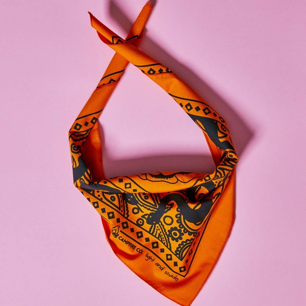 Paisley snake bandana - 100% cotton - handmade bandana - orange and black head scarf - made in Australia - snakes and flowers bandana
