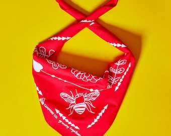 Bee bandana - 100% cotton - handmade bandana - red head scarf - made in Australia - Bee and gardening bandana - Australian native bee