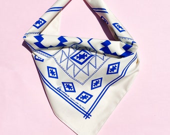 Aztec quilt bandana - 100% cotton - handmade bandana - head scarf - made in Australia - Blue and white bandana