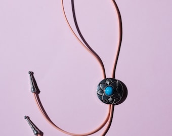Silver and Turquoise Bolo Tie with a peach pink cord - brightly coloured cord bolo tie