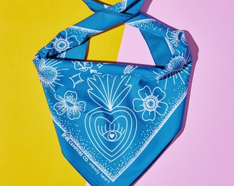 Heart bandana - 100% cotton - handmade bandana - blue head scarf - made in Australia - tattoo inspired bandana - heart and eye bandana