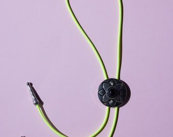 Silver Bolo Tie with neon yellow cord - brightly coloured cord bolo tie