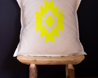 Neon Cowboy Yellow Aztec Cushion - 100% cotton - handmade screen printed - made in Australia - Modern Western Style