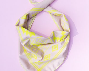 Neon Yellow Aztec quilt bandana - 100% cotton - handmade bandana - head scarf - made in Australia - neon yellow and beige bandana