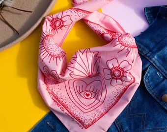 Pink Heart bandana - 100% cotton - handmade bandana - pink head scarf - made in Australia - tattoo inspired bandana - heart and eye bandana