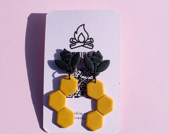 Black Bee and Honeycomb Drop Clay Earrings