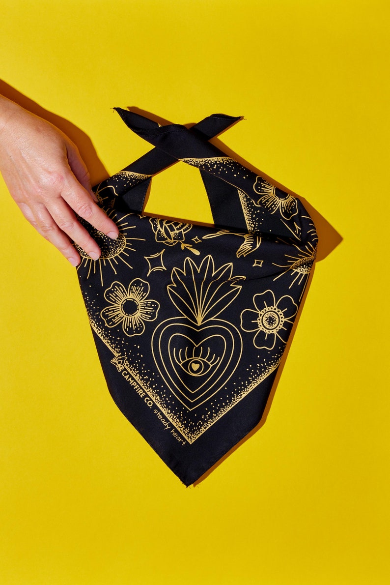 Heart Bandana - 100% Cotton - Handmade Bandana - Black Gold Head Scarf ...