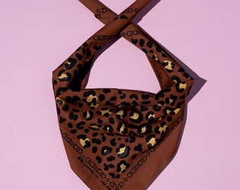 Leopard print bandana - 100% cotton - handmade bandana - leopard print head scarf - brown and gold - made in Australia