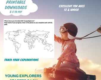 May include: A printable world map coloring page with the text "Track Your Explorations" and "Young Explorers Starter Pack Activity Sheets". The image also includes the text "ConsciousTraveler.co" and "Excellent for Ages 12 & Under".