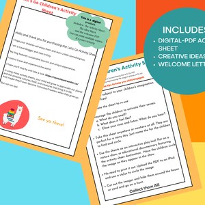 May include: A printable activity sheet for children featuring a llama illustration and the text "Let's Go Children's Activity Sheet". The sheet includes instructions for encouraging children to use their senses and engage their imagination. The sheet also includes a welcome letter, creative ideas, and a digital PDF activity sheet.