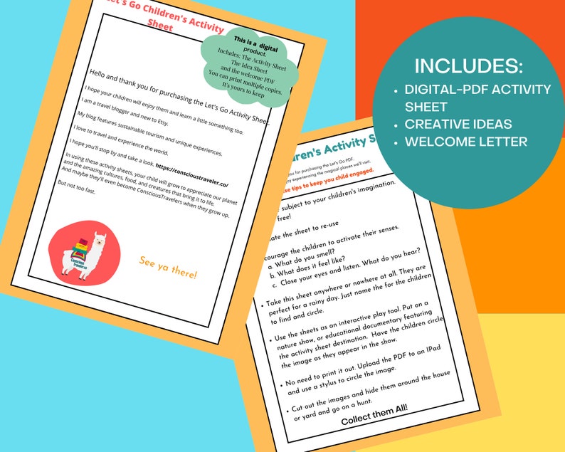 May include: A printable activity sheet for children featuring a llama illustration and the text "Let's Go Children's Activity Sheet". The sheet includes instructions for encouraging children to use their senses and engage their imagination. The sheet also includes a welcome letter, creative ideas, and a digital PDF activity sheet.