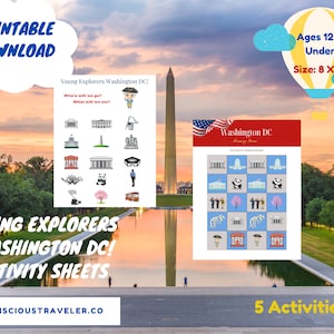 May include: Printable activity sheets for young explorers visiting Washington DC. The sheets feature images of landmarks like the Washington Monument and the White House, along with other iconic symbols of the city. The sheets are designed for ages 12 and under and measure 8 by 10 inches.