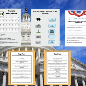 May include: A printable worksheet with three sections. The first section is a panda word search puzzle. The second section is a matching game with pictures of famous buildings in Washington D.C. and their names. The third section is a writing prompt that asks the user to imagine they are the President of the United States.