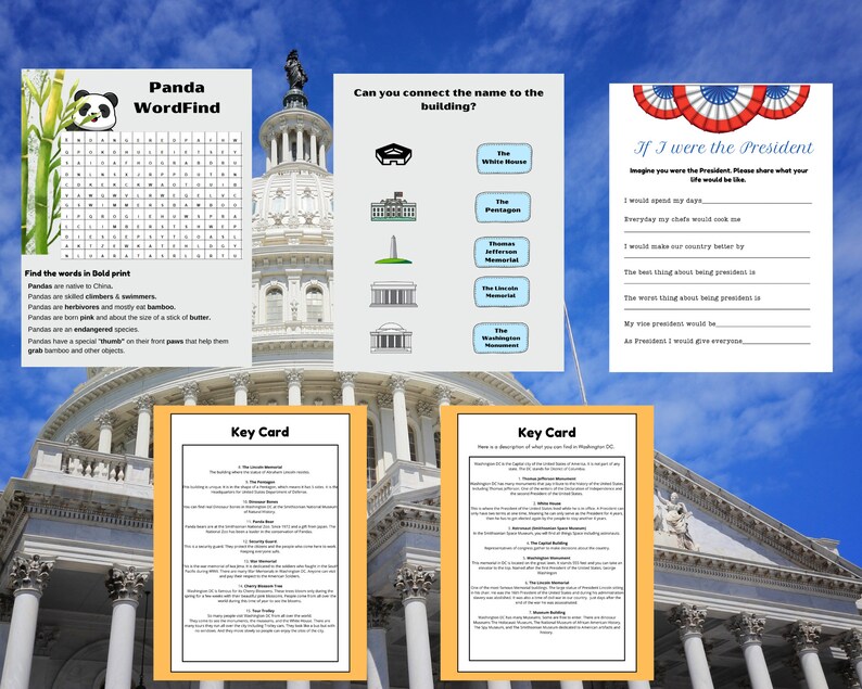 May include: A printable worksheet with three sections. The first section is a panda word search puzzle. The second section is a matching game with pictures of famous buildings in Washington D.C. and their names. The third section is a writing prompt that asks the user to imagine they are the President of the United States.