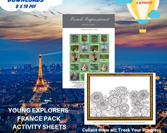 May include: Printable 8x10 PDF activity sheets for young explorers featuring a memory game with French Impressionist artwork and a sunflower coloring page. The activity sheets are part of a France pack for ages 12 and under.