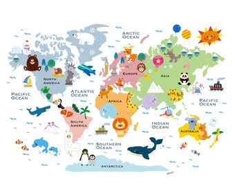 World Map Wall Art for Kids' bedroom and Classrooms | Kids World Map | World Map Nursery | Educational poster | World Map Wall Art Kids