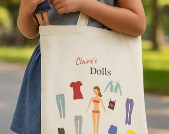 Personalized Girls Fashion Dolls Tote Bag - Cotton Canvas - Flat Corners - 16" (W) x 15" (H) - Little Girl Gift
