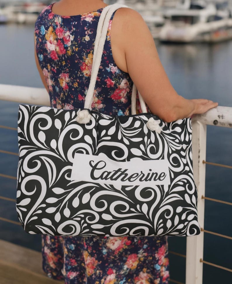 Personalized Monochrome Weekender Tote - Rope Handles - T Bottom - 24 inches x 13 inches - Oversized Tote Bag for Women immagine 1