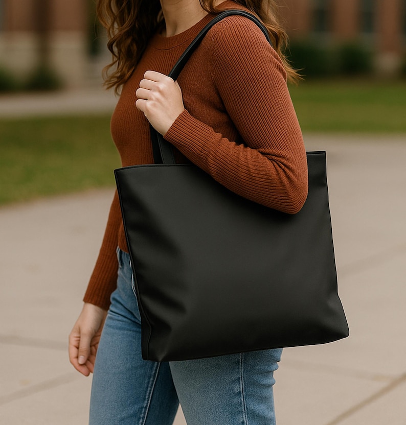 Personalized Versatile Black Tote Bag - Eco-friendly Polyester Bag - Durable Reusable Shopping Carryall - Custom Shoulder Bag - Grocery Bag image 3