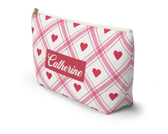 Personalized Heart Makeup Bag - T-Bottom Accessory Pouch - Cosmetic Toiletry Case - Travel Organizer - Pencil Holder - Girl Gift