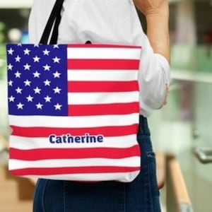 Personalized USA Flag Tote  - American Flag Reusable Shopping Bag - US Shoulder Bag - Patriotic Carryall - 4th of July Gift - Eco-Bag