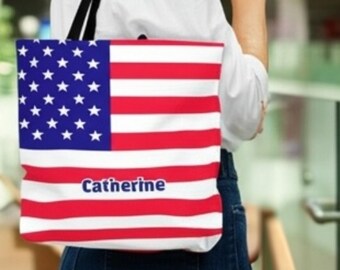Personalized USA Flag Tote  - American Flag Reusable Shopping Bag - US Shoulder Bag - Patriotic Carryall - 4th of July Gift - Eco-Bag