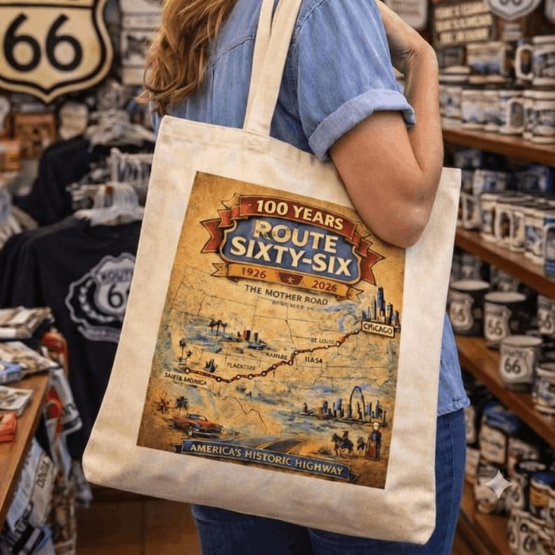 May include: A beige canvas tote bag featuring a graphic print of a Route 66 map. The design includes the text 100 YEARS ROUTE SIXTY-SIX 1926-2026 THE MOTHER ROAD, a map of the United States with a route line, city names, and America's Historic Highway.