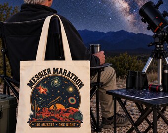 Bolso de tela personalizado del Maratón Messier - Regalo para astrónomos - Bolso de lona con telescopio para observación de estrellas - Regalo de astronomía - Regalo para fiestas de estrellas
