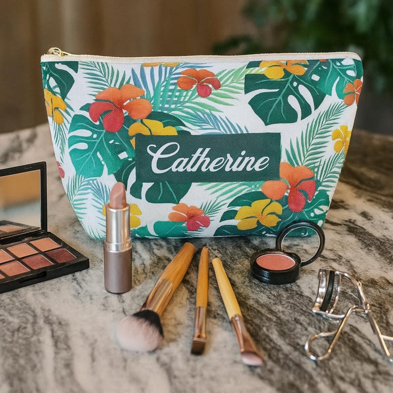 Personalisierte tropische Blumenkosmetiktasche - T-Bottom Zubehör Tasche - Kabel & Ladegeräte Organizer - Federmäppchen - 2 Größen Bild 1