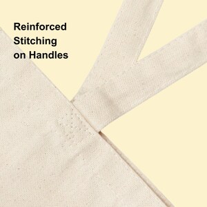 May include: A beige canvas tote bag featuring reinforced stitching on the handles. The fabric has a visible woven texture, and the handle attachment point displays a square pattern of heavy-duty thread reinforcement for added durability.