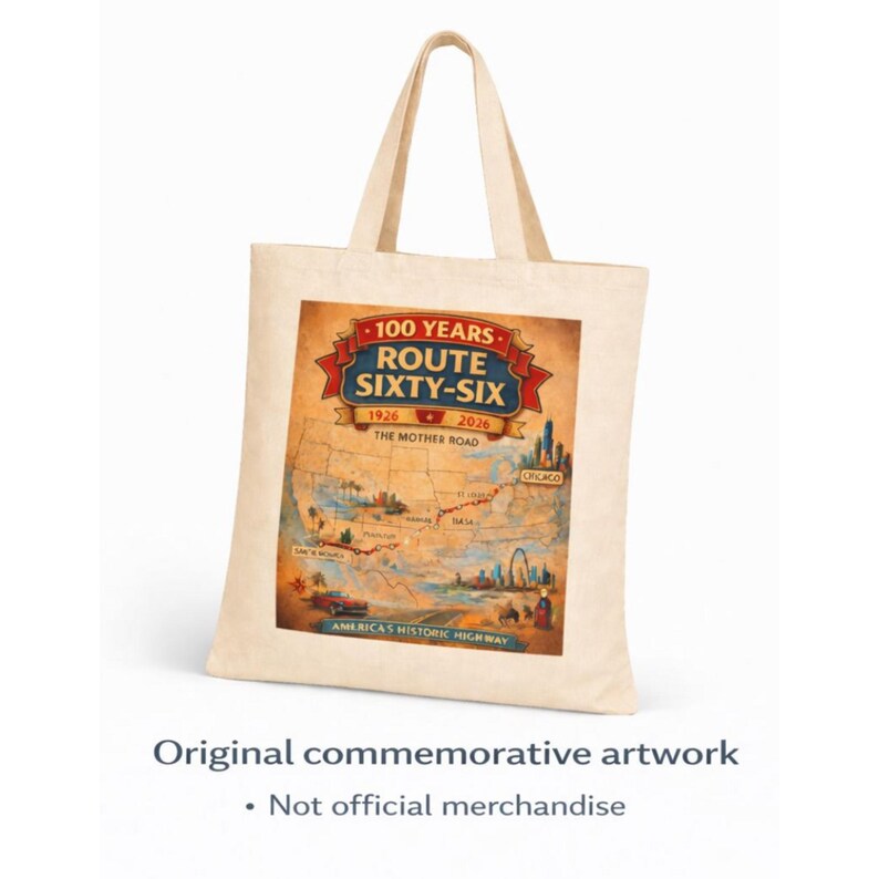 May include: A beige canvas tote bag featuring a graphic print of a Route 66 map. The design includes the text 100 YEARS ROUTE SIXTY-SIX 1926-2026 THE MOTHER ROAD, a map of the United States with a red route line, and illustrations of a car and city skylines.