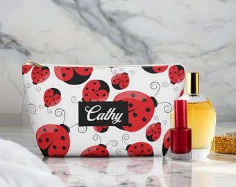 Personalisierte Marienkäfer Kosmetiktasche - T-Bottom Zubehör Tasche - Kabel & Ladegeräte Halter - Federmäppchen - Marienkäfer Geschenke - 2 Größen