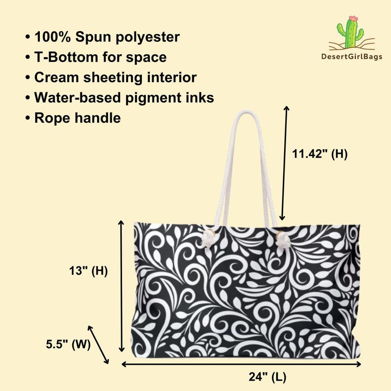 Personalized Monochrome Weekender Tote - Rope Handles - T Bottom - 24 inches x 13 inches - Oversized Tote Bag for Women immagine 4