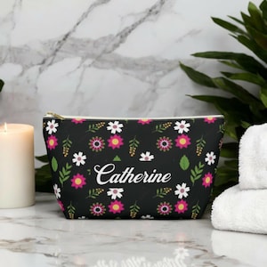Black Floral Makeup Bag - Personalized Pouch - Pencil Case - Jewelry Organizer - Zipper Pouch - Gift for Women - Hair Accessories