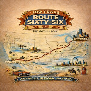 May include: A commemorative poster featuring a map of Route 66 with the text 100 YEARS ROUTE SIXTY-SIX 1926 2026 THE MOTHER ROAD and AMERICA'S HISTORIC HIGHWAY. The map shows cities like Chicago, St. Louis, Tulsa, Kansas, Flagstaff, and Santa Monica.