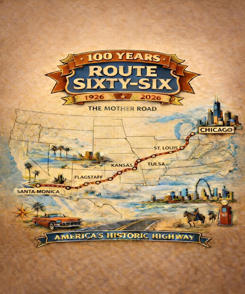 May include: A commemorative poster featuring a map of Route 66 with the text 100 YEARS ROUTE SIXTY-SIX 1926 2026 THE MOTHER ROAD and AMERICA'S HISTORIC HIGHWAY. The map shows cities like Chicago, St. Louis, Tulsa, Kansas, Flagstaff, and Santa Monica.