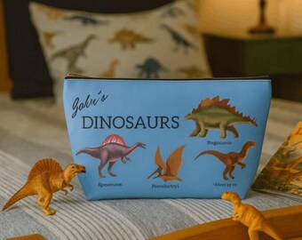 Personalized Dinosaur Pencil Bag for Kids – Dino Zipper Pouch - T-bottom Accessory Pouch - Travel Organizer - Child Gift